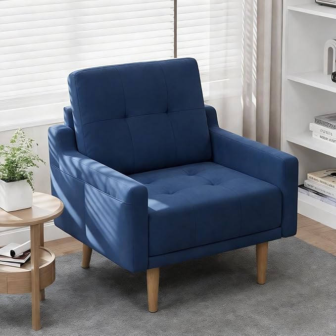 EJUNQ Mid Century Accent Chair Upholstered ArmchairComfy Reading Chair with Wood LegsModern Single Sofa Chair for Living Room Bedroom Small Spaces (2 Blue)