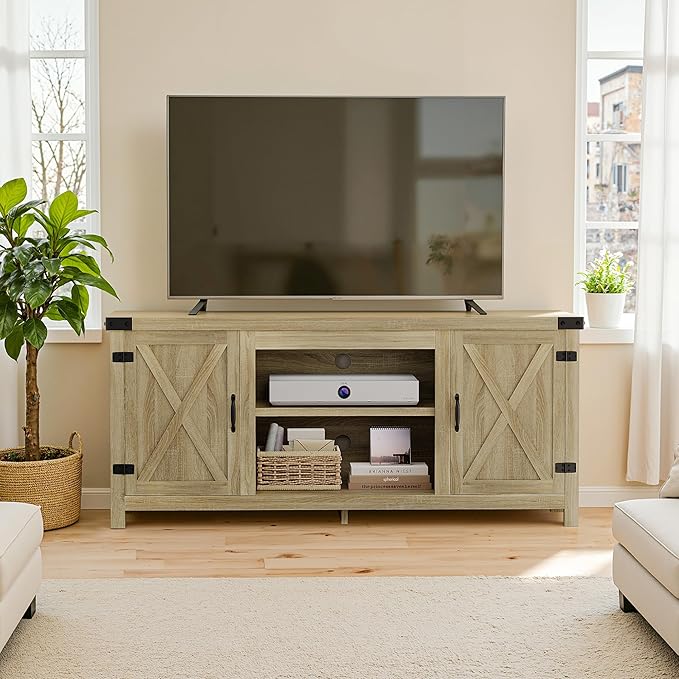 YESHOMY Modern Farmhouse TV Stand with Two Barn Doors and Storage Cabinets for Televisions up to 65+ InchEntertainment Center Console TableMedia Furniture for Living RoomYellow Oak