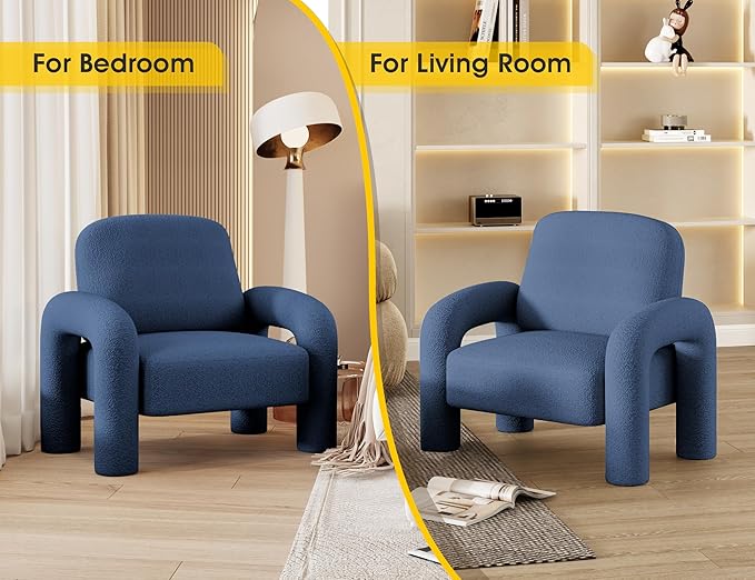 Modern Sherpa Accent Chair Teddy Upholstered Arm Single Sofa Cozy Fluffy Reading Chair for Living Room Bedrooms Corner (Navy Blue)