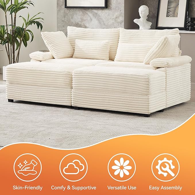 75 Corduroy Loveseat with Storage Ottoman Cloud Deep Seat Couch with Convertible Ottoman Coffee Table &amp USB Double Chaise Lounge for Living Room Beige