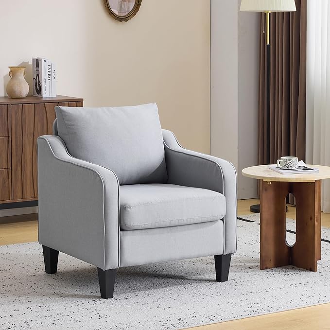 Accent Chair for Living Room Set of 2 Modern Linen Fabric Upholstered Armchair Comfy Reading Chair for Bedroom Mid Century Single Sofa Chair with Solid Wood Legs for Apartment Office Grey