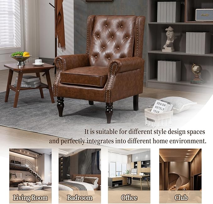Brown Leather Accent Chair with High Back Vintage Tufted Wingback Chair with Arms &amp Rivet Upholstered Armchair &amp Single Sofa Chairs for Living Room Bedroom Office Apartment (Brown)