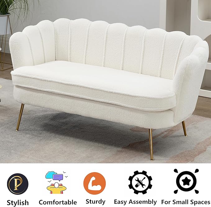 Boucle Small Sofa Couch for Small Spaces Living Room Bedroom59 Loveseat Couches with Gold Metal LegsChannel Tufted 2 Seater Sofas with Curved Back and Arms for ApartmentRV