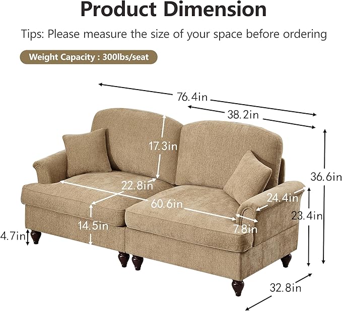 76 Chenille Loveseat Couch for Living Room Traditional Sofa with Detachable Ruffled Skirt Flared Arms Spindle Legs Comfy Mid Century Small Couches for Bedroom Small Spaces Apartment(Coffee)