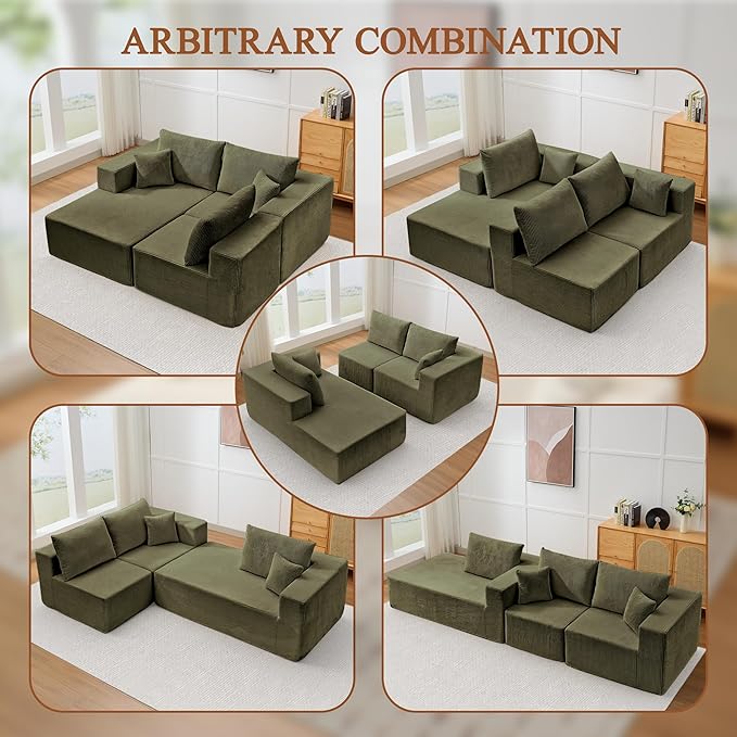 Modular Sectional Sofa for Living Room 108 Cloud Couch Sectional with L-Shape Chaise Modern Upholstered Corduroy Boneless Couch with Memory Foam Deep Seat No Assembly Required (Green)