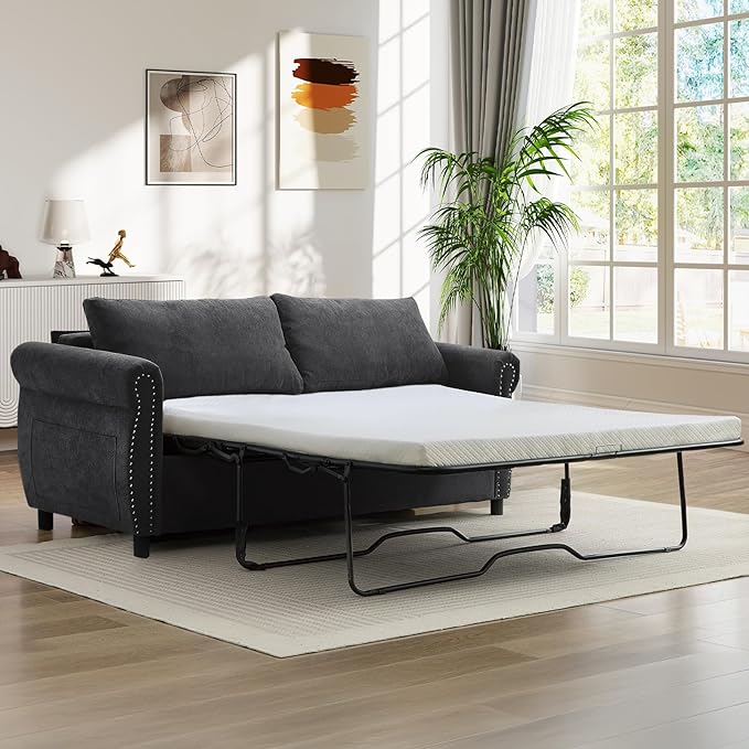 Pull Out Sofa Bed with Mattress Included Convertible Futon Oversized Chenille 3 Seater Loveseat Sleeper Sofa Couch Bed with Rivet Decoration &amp Rolled Arms for Guest Room Office Living Room Dark
