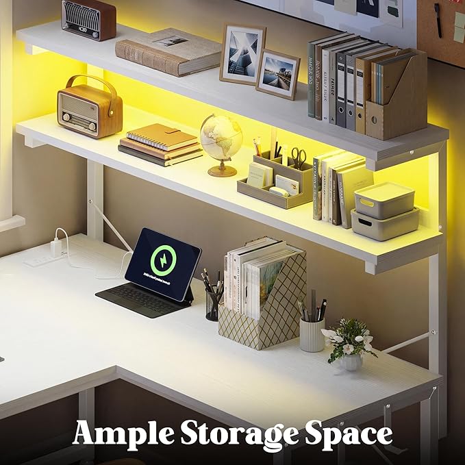 L Shaped Desk Computer Desk with LED Light &amp Power Outlet 53 Inch Reversible L Shaped Gaming Desk with Shelf &amp Storage Bag &amp Hook for Home Office White