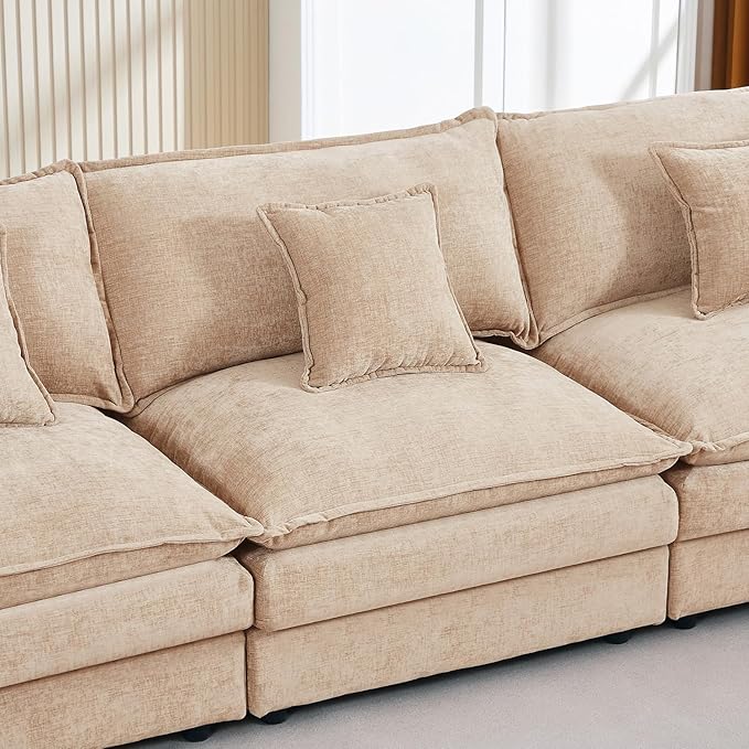 130 Modular Sectional Sofa with Movable Ottoman Convertible L Shaped Chenille Cloud Couch Oversize Comfy 4-Seater Deep Seat Sofa Couches for Living Room Apartment (Coffee 130)