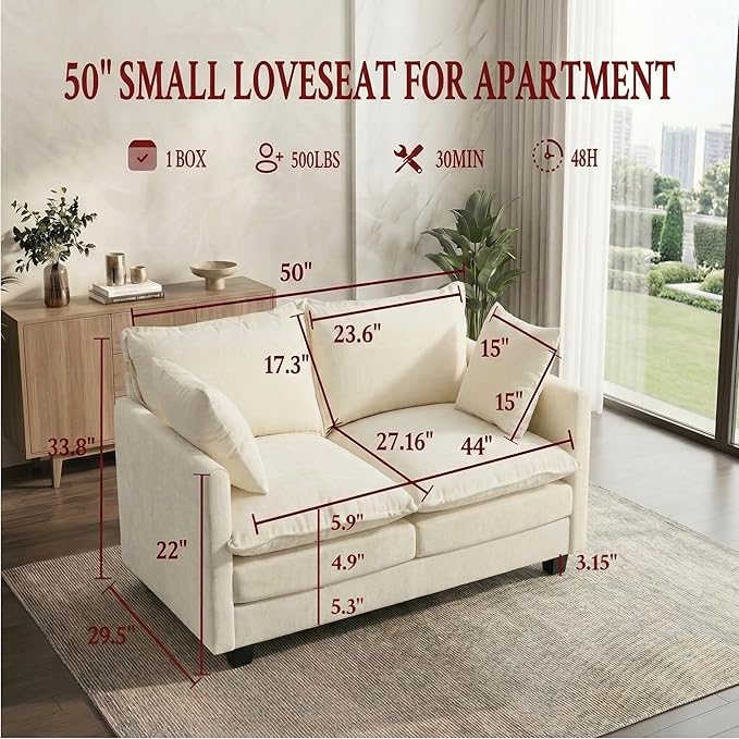 KYJ 50 Loveseat Sofa Couch 2 Seater Couch Small Mini Compact Chenille Cloud Sofa 27 Deep Seat with Detachable Pillow Cover for Bedroom Living Room Dorm Apartment Small Spaces 2-Beige