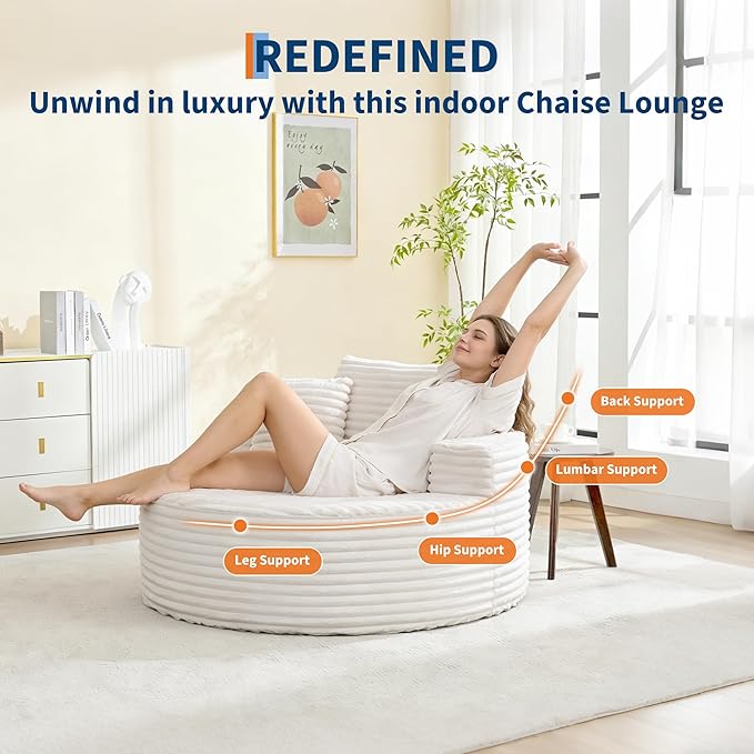 Garvee 55 Round Oversized Chaise Longue Chair Indoor Corduroy Upholstered Boneless Cloud Couch Deep Seat Sleeper Floor Sofa Chair for Living Room Bedroom Apartment White