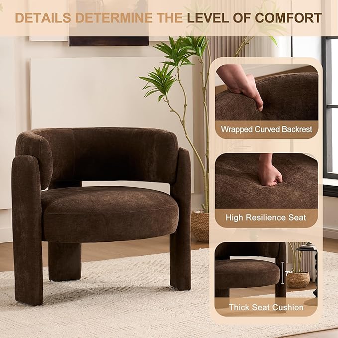 Modern Accent Barrel ChairMid Century Single Armchair with Curved Backrest Upholstered Side Reading Chair with 3 Legs Comfy Sherpa Chair for Bedroom Home Office Living Room (Brown)