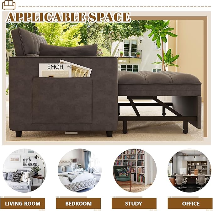 3 in 1 Convertible Sleeper Sofa Bed 52'' Velvet Pull Out Couch Bed with Comfy Pillows &amp Adjustable Backrest/Side PocketsFuton Loveseat Sleeper Sofa for Small Spaces Living Room Bedroom (Dark Gre