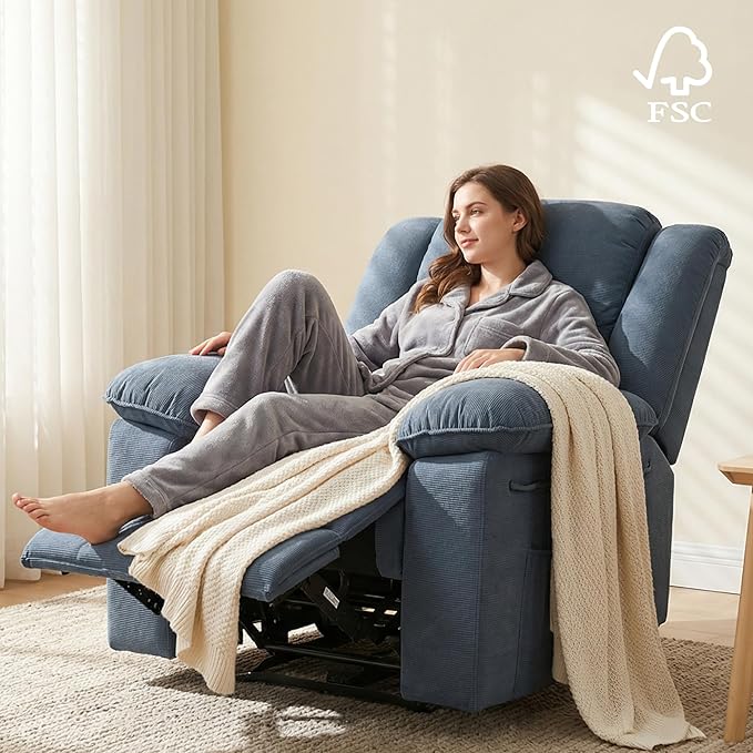Softa Swivel Rocker Recliner Chair for Adults with Massage &amp Heat 360° Swivel Manual Glider Recliner with Side Pocket Compact Living Room Apartment Reclining Chair (Blue-Grey)