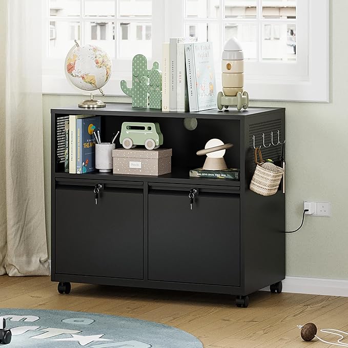 Letaya Mobile 2 Drawer File Cabinet with Lock Metal Lateral Printer Stand Filing Storage Cabinets with Shelves for Home Office-A4/F4/Letter (Black)