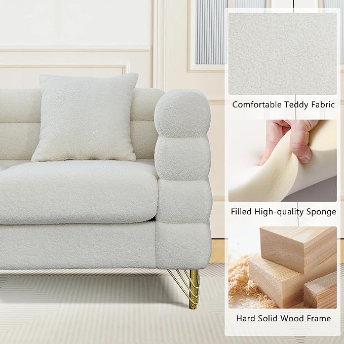 mikibama Luxury Teddy Sofa Set for Living Room Modern Decor Furniture Sectional Sofa 3 Seater Couch and Loveseat with 5 Pillows for Apartment Office Hall (White)