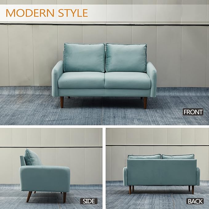 INSTORY Velvet Loveseat Mid-Century Modern Sofa Tufted Couch with Wooden Legs for Living Room - Cyan