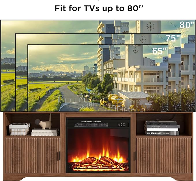 Fireplace TV Stand for Television up to 80 InchEntertainment Center with Adjustable ShelfMid-Century Modern Fluted TV Stand with 23 Electric FireplaceMedia Console for Living RoomBedroom
