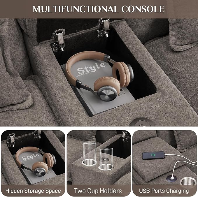 133 Oversized U Shaped Cloud Couch Modular Sectional Couches for Living Room Comfy Chenille Deep Seat Sofa Set with Double Chaise Lounge Storage Central Console Cup Holders USB Port Stone Grey