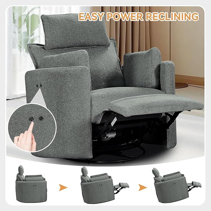 Power Swivel Rocker Recliner Glider Nursery Chair for Adults Modern Leisure Sofa Chair with 2 Pillows for Small Spaces Bedroom Living Room Beige (Light Grey)