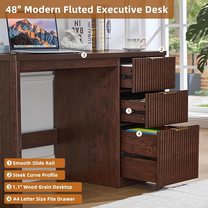 LEYAOYAO Office Desk 48 with 3 Drawers Storage File Cabinet Wood Fluted Desk for Computer Office Bedroom Home Furniture Walnut