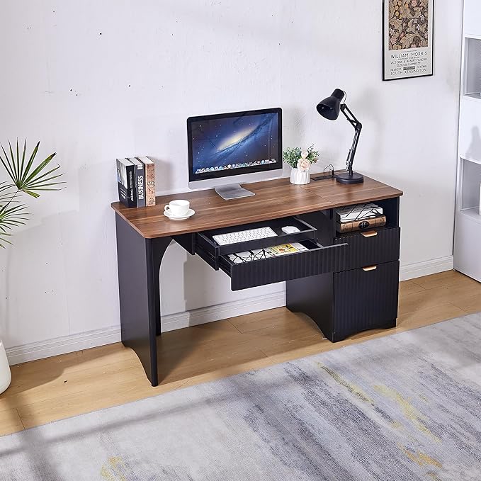 55 Computer Desk with Keyboard Tray Modern Office Desk with Power Outlets 2-in-1 Main Drawer &amp Adjustable File Drawer Fluted Design Home Office Desk (Walnut with Black)