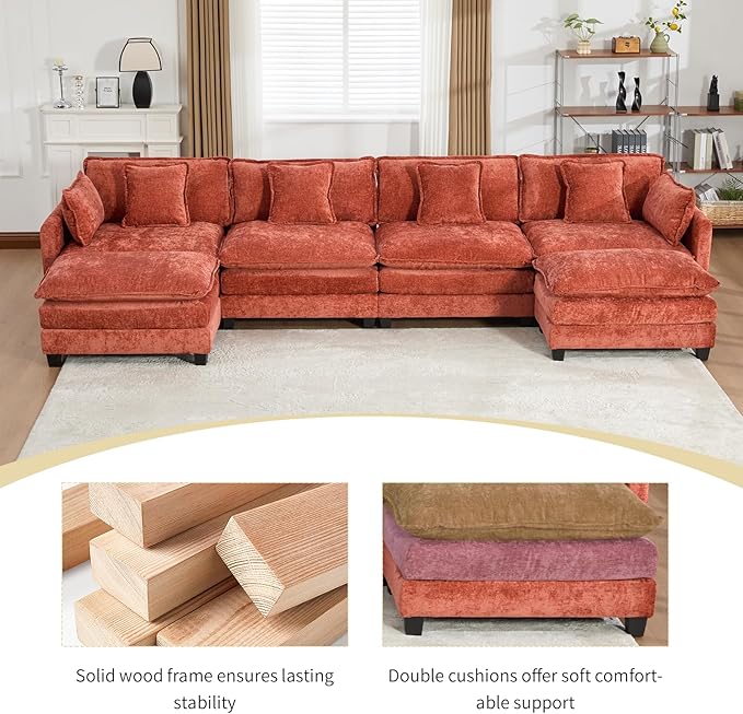 146.5 Orange Modular Sectional Sofa 4 Seater Large Sectional Couches for Living Room Chenille Fabric Oversized Cloud Couch with Ottoman Deep Seat Home Sofas Set Sofá Moderno L Shaped