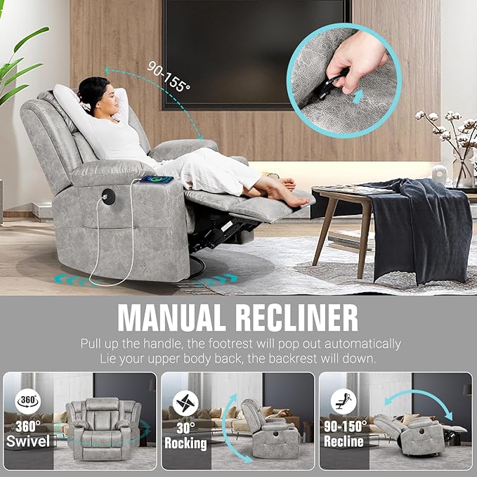 LEVELEVE Retro Rocking Recliner Chair Massage Rocker Recliner Chair with Vibration Massage and Heat USB and Type-C Ports360° Swivel ChairsLiving Room Bedroom Nursery RV Light Grey