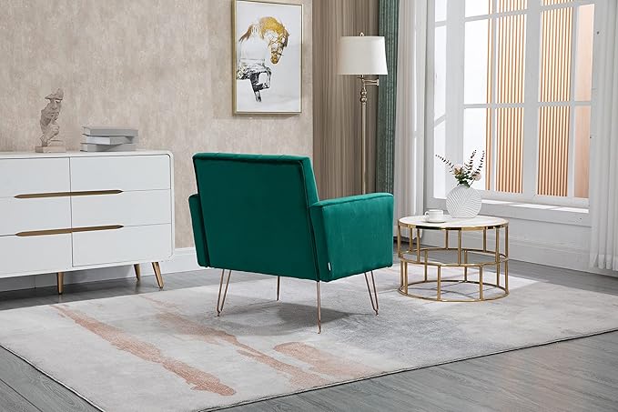 Velvet Accent Chair Upholstered Living Room Accent Armchair Leisure Single Chairs with Rose Golden feet Tufted Sofa Chairs for Home Office Living Room Bedroom Small Space (Green)