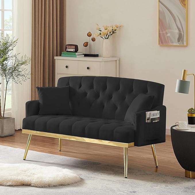 Velvet Tufted Small Loveseat Sofa Modern 2 Seater Small Sofa Couch with Gold Metal Legs and 2 Pillows for Living Room (Black)