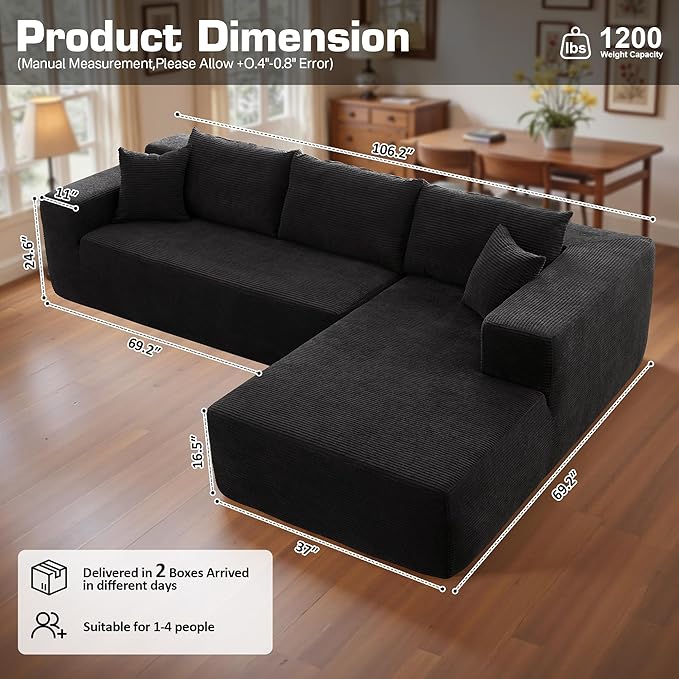 106 Cloud Sectional Couch with Chaise LoungeL Shaped Modular Modern SofaComfy Corduroy Fluffy Sofa with Deep SeatNo Assembly Required Couch for Living Room(RightStripe CorduroyBlack)
