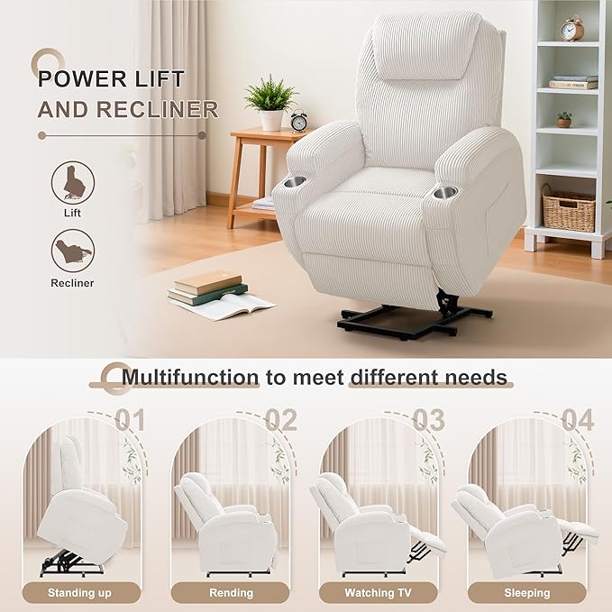 Flamaker Power Lift Recliner Chair Electric Lift Recliner for Elderly Power Lift Recliner Chair with Cup Holders Side Pockets for Living Room (Corduroy Beige)