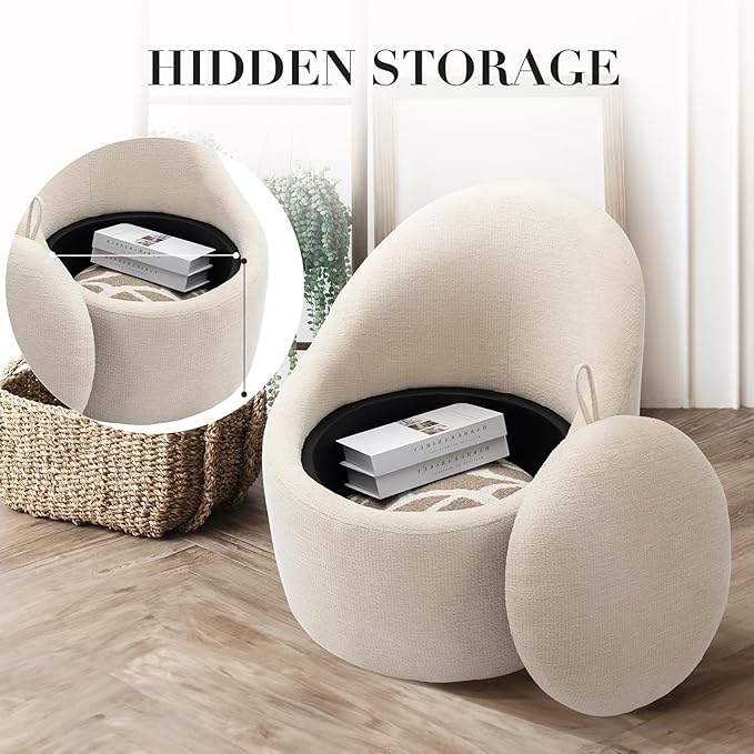 COLAMY 360° Swivel Accent Chair Swivel Barrel Armchair with Hidden Storage Modern Small Round Chair for Living Room/Bedroom Beige
