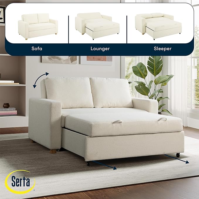 Serta Tulsa 66.1 Convertible Sleeper Loveseat Full Size Dreamcoil Comfort FingerGuard Pinch Point Protection Boucle Fabric Ivory