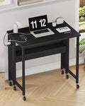 31.5 Modern Folding Computer Desk with Power Outlets Wheels Storage Perfect for Small Spaces Black TDN01UBB