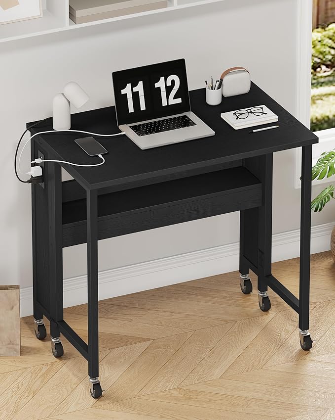 31.5 Modern Folding Computer Desk with Power Outlets Wheels Storage Perfect for Small Spaces Black TDN01UBB