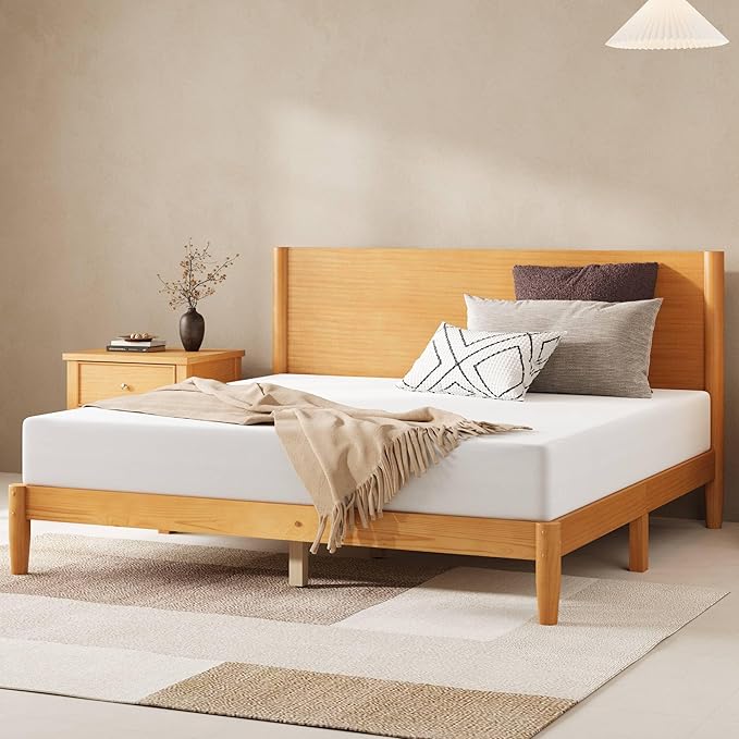 AMERLIFE Solid Wood Queen Bed Frame Mid Century Modern Platform Bed with Full Panel Headboard Wooden Bed with Cylindrical Legs No Box Spring Needed &amp Noise-Free Natural Wood
