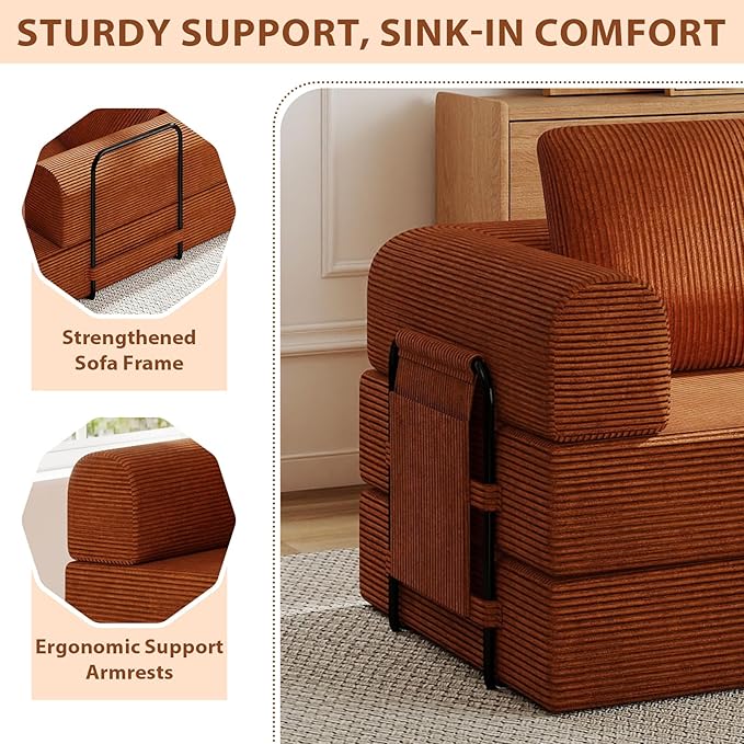All-in-1 Folding Convertible Sofa Bed Boneless Futon Floor Couch Corduroy Fold Out Modular Lounge Comfy Loveseat Sleeper Lazy Cama for Living Room Bedroom Guestroom Orange（Narrow Stripes）