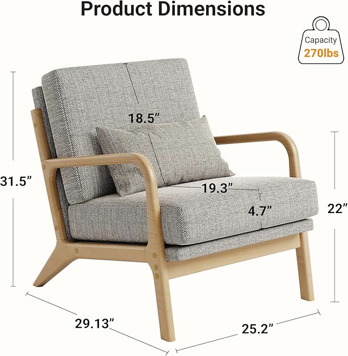 Claiks Mid-Century Modern Accent Chair Living Room Armchair with Solid Wood Frame &amp Lumbar Pillow Comfy Upholstered Lounge Chair for Bedroom Office Linen-Like Fabric Dark Gray
