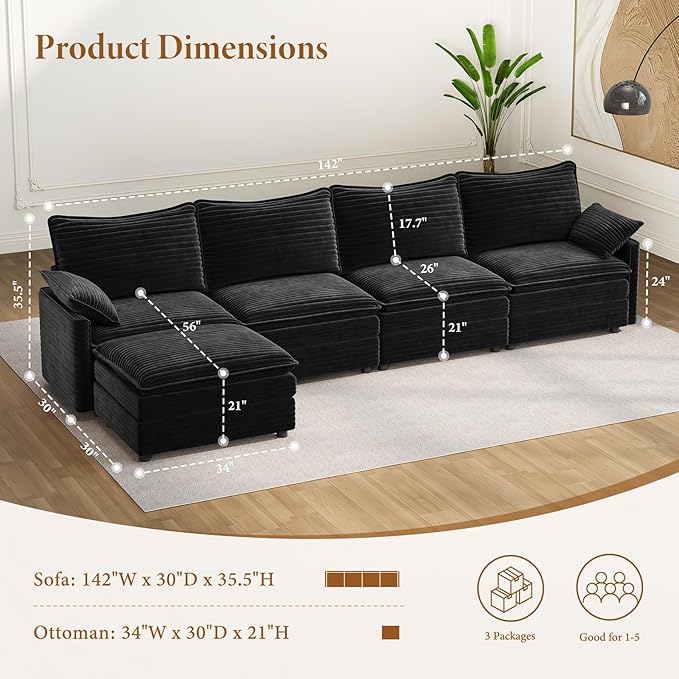 Vesgantti 142 Cloud Couch Sectional Modular Sofa Comfy Sectional Couch with Ottoman Deep Seat Corduroy L Shaped Sofa Modular Couches for Living Room Bedroom and Apartment Black