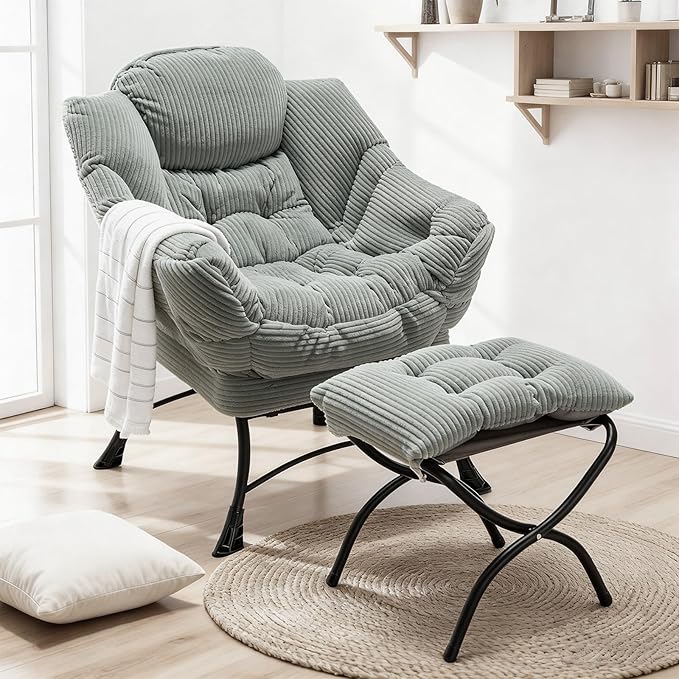 Oversized Lazy Chair with Ottoman for Adults Chair and Ottoman Set Modern Skinny Lounge Chair with Footrest Wide Reading Chair for Living Room/Bedroom Comfy Accent Armchair for Small Spaces Green