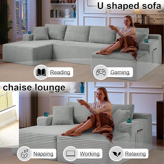 134 Inch U-Shaped Sectional Couch Oversized Modular Corduroy Sofa with Double Chasies 4-Seater Modern Deep Seat Boneless Cloud Couch for Living Room No Assembly Required Light Gray