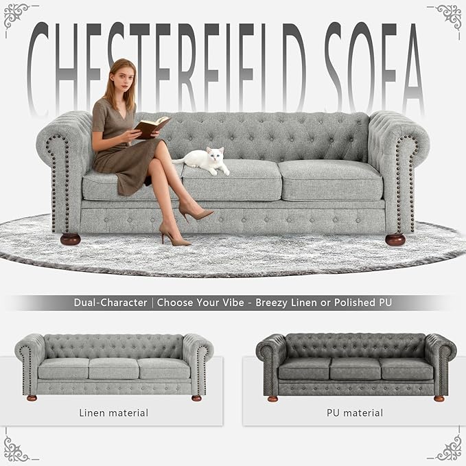 Dreamzie 89 Chesterfield Sofa Couch 3-Seater Linen Vintage Couch Mid Century Modern Sofa with Rolled Arm for Living Room Office Light Gray
