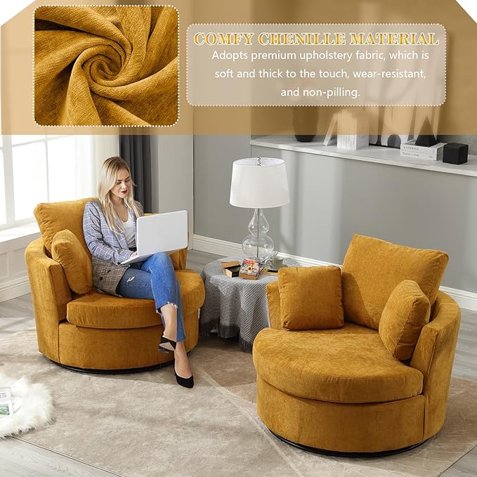 Swivel Barrel Chair Modern Fabric Oversized 360 Degree Club Accent Arm Chairs Single Round Living Room Sofa Chair w/ 3 Pillows for Nursery Bedroom Reading Office Yellow