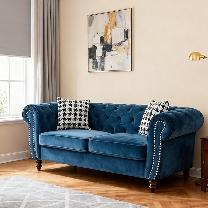 Loveseat Velvet Fabric Two- Seater Couch Buckle Design and Rivet Decoration Deep Seated Double Sofa Suitable for Living Room Bedroom Apartment Hotel etc (blue-01)