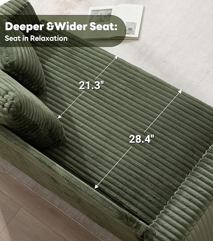 Tbfit 63.4 Oversized Loveseat with Storage Ottoman Comfy Chaise Lounge Chair Indoor Corduroy Sleeper Sofa Bed Modern Upholstered Love Seat Couch for Living Room Bedroom Apartment Green | Breath