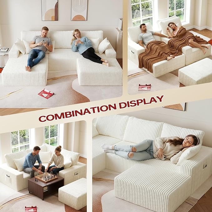 108 U Shaped Sectional Couch with Ottoman Corduroy Modular Sectional Sofa with Deep Seat Modern Modular L-Shape Sofa Couch with ChaiseUpholstered Boneless Couches for Living Room Bedroom