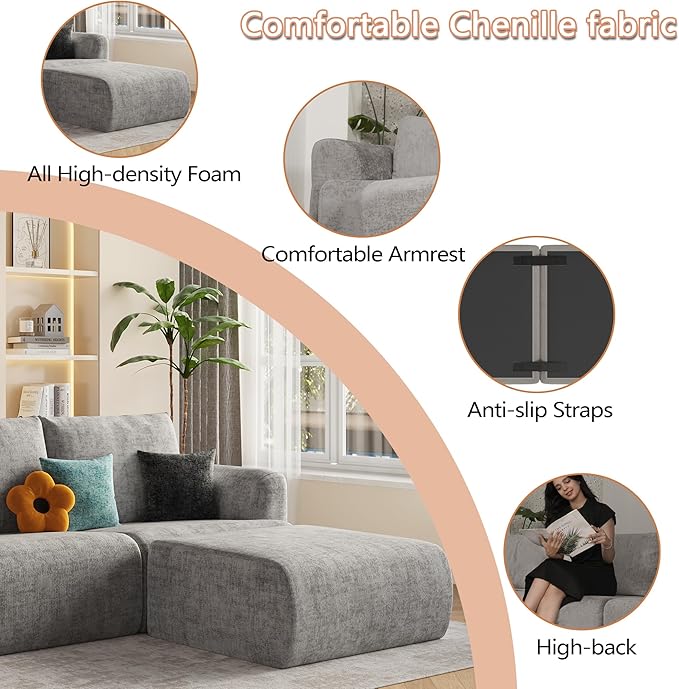 EASE MOOSE Boneless Couch for Living Room Modern Sectional Cloud Sofa Modular Cloud Couch 4-Seat Deep Extra Large Sofas for Bedroom Apartment No Assembly Required Chenille (Light Grey)