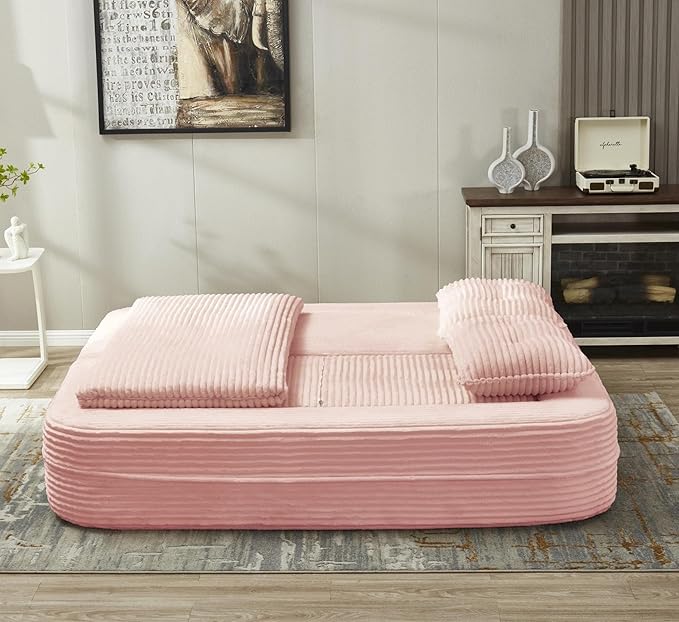 Sleeper Sofa with Chaise Lounge Convertible Sectional Couch Bed Plush Corduroy 3-Seat Sofa with Blanket Deep Seat King Size Sleeper for Small Apartment No Assembly Required (Pink)
