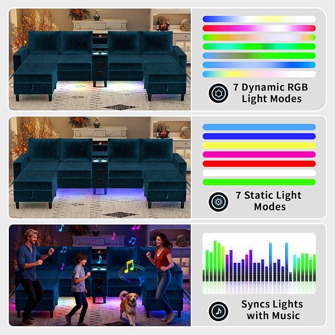 Sectional Couches for Living Room 6 Seat Sectional Sofa Smart Module-Bluetooth Speaker/RGB Light/Charging Station Chenille U Shaped Couch with 2 Movable Storage Ottomans (Blue)