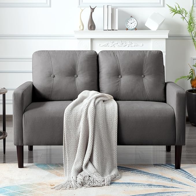 Loveseat Sofa Small Couch for Small Spaces Modern Linen Fabric 2-Seater Sofa with Solid Wood Legs Easy Assembly Apartment Couch for Living Room Office (Grey)